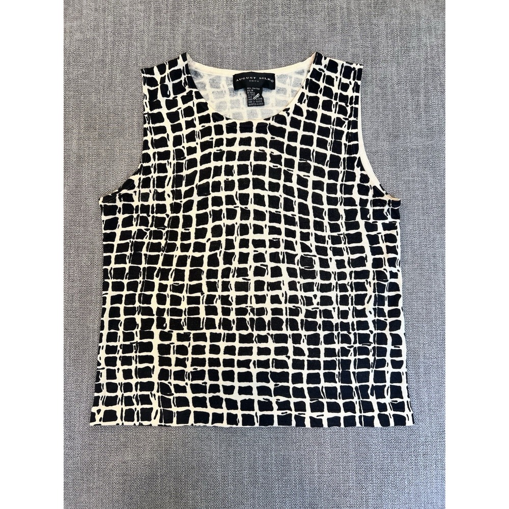 August Silk Women's Medium 100% Silk Sleeveless Knit Top Black Cream Geometric
